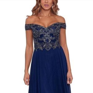 Xscape Off Shoulder Navy Blue Maxi Dress Size 14